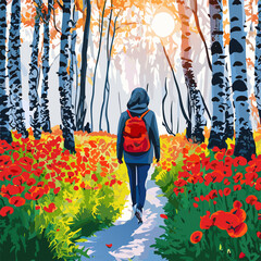 A woman walking in silver birch forest with blooming poppy flowers during summer morning.
