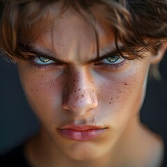 Fototapeta premium Fierce and Defiant Teenage Boy Face with Intense Expression