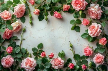 Pink roses with green leaves arranged on a textured white background, creating a romantic floral frame.