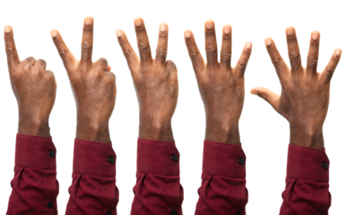 Set of counting black hands fingers in red long sleeves isolated on white background. Counting from 1 to 5