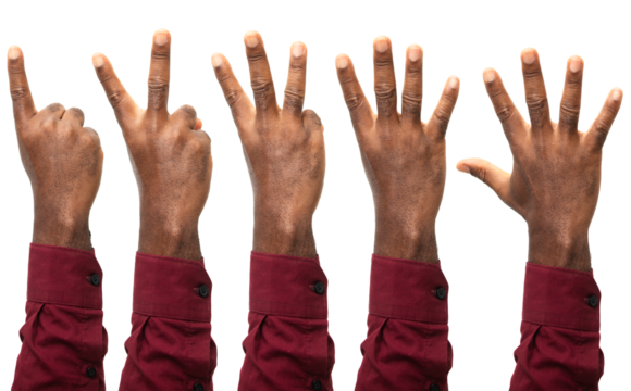 Set of counting black hands fingers in red long sleeves isolated on white background. Counting from 1 to 5