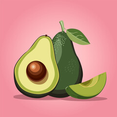 Fresh whole and half cut green avocado isolated on pink background. Side view. Vector food clipart