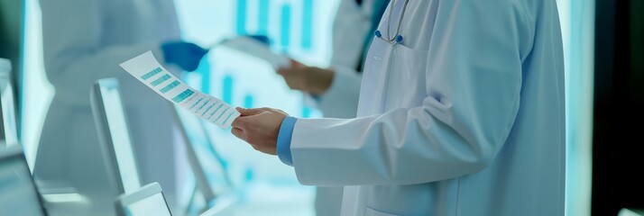 A healthcare professional is holding a paper report in a clinical setting, suggesting patient care and medical research