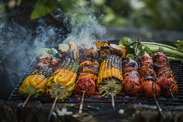 Vegetable skewers on a grill