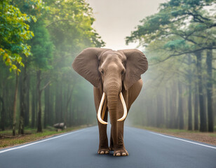 Obraz premium Black big elephant bloacking the road. Entering human inhabited place. 