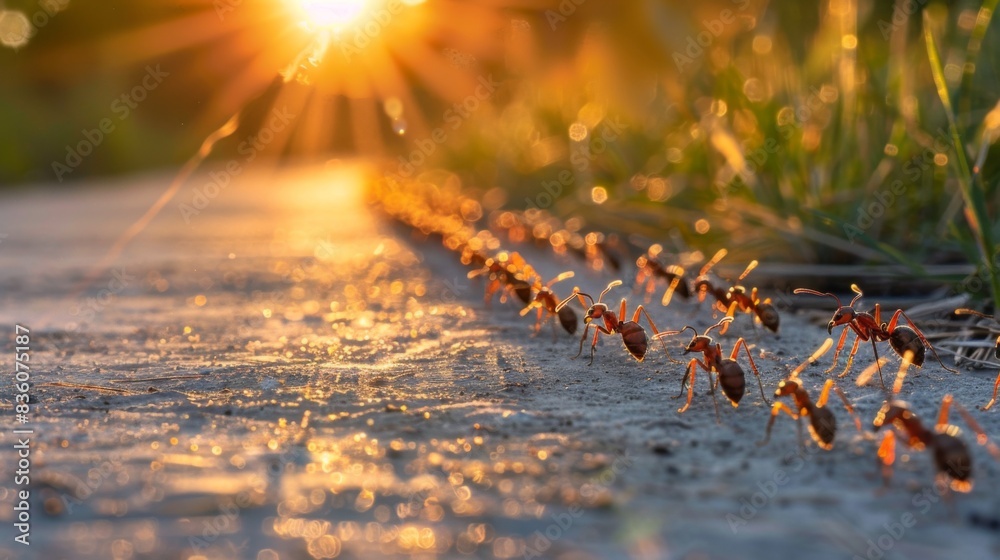 Poster a line of ants marching in perfect formation across a sunlit path, illustrating their disciplined an