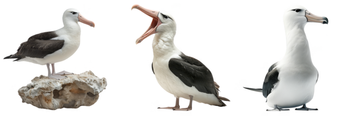 Three albatrosses, one perched on a rock, one yawning, and one standing