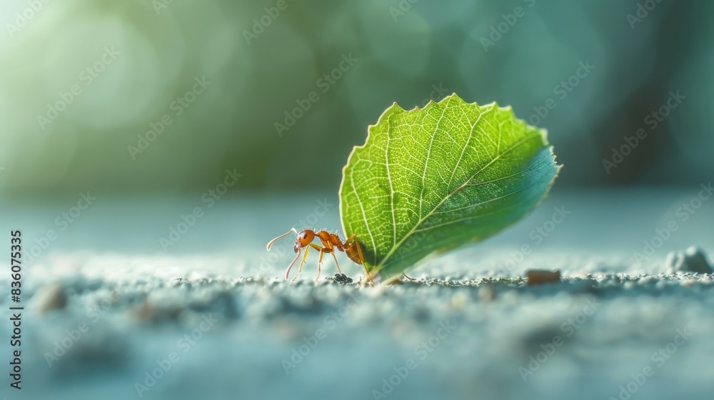 Poster A macro image of an ant carrying a leaf many times its size, demonstrating the incredible strength and resilience of these tiny insects.