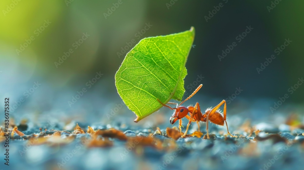 Poster A macro image of an ant carrying a leaf many times its size, demonstrating the incredible strength and resilience of these tiny insects.