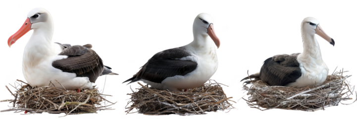 Three albatrosses sitting on nests. The atmosphere is serene, with predominant white, black, and brown colors.