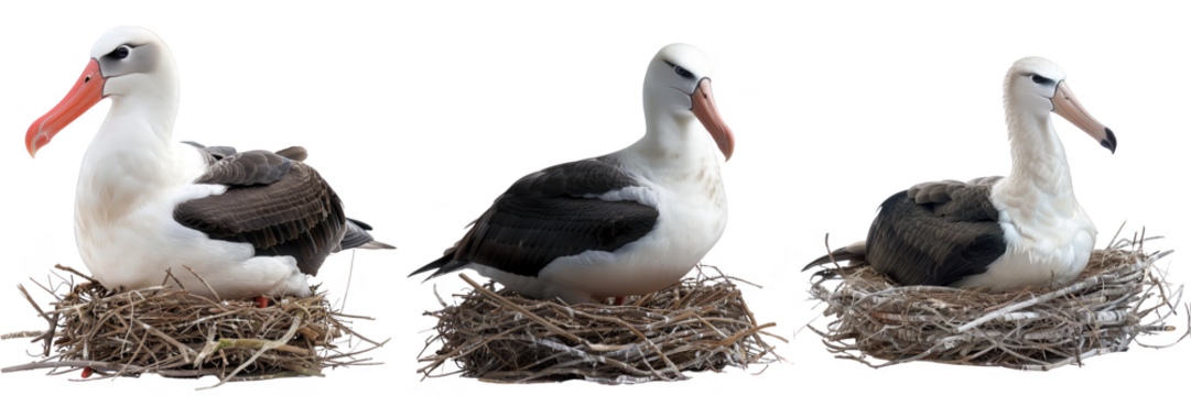 Three albatrosses sitting on nests. The atmosphere is serene, with predominant white, black, and brown colors.