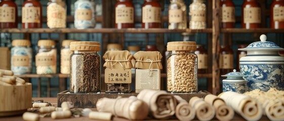 Vintage apothecary jars with herbs and spices on wooden shelves. - Powered by Adobe