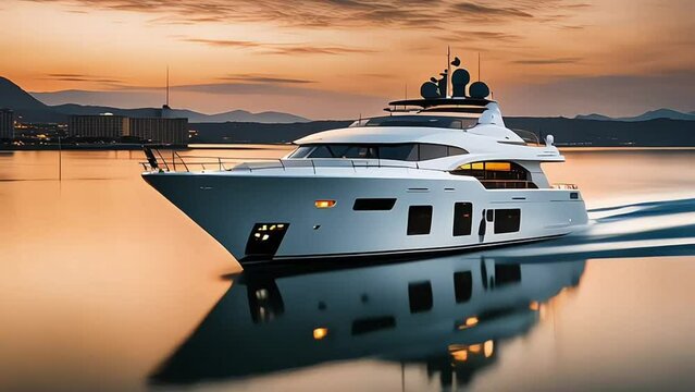 A luxury mega yacht with golden glass in the ocean at a sunset, generative ai