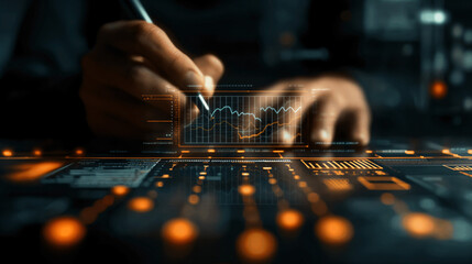 An analysts hands hover over a digital interface, tracing a line graph and analyzing market trends