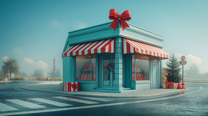 A quaint storefront adorned with a red bow and a festive wreath welcomes shoppers on a snowy winter day