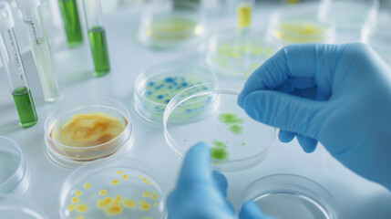 A close-up image of a scientists gloved hand holding a petri dish containing a green substance. The dish is surrounded by other petri dishes, some containing blue substances. This image could be used