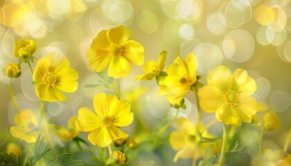 Fototapeta premium Sunny Splendor: A Closer Look at Beautiful Yellow Flowers in Bokeh Background