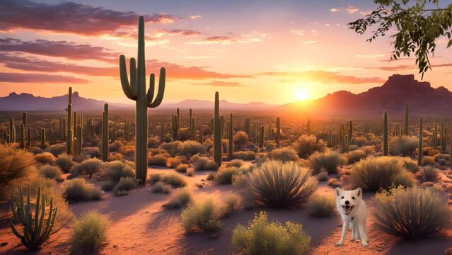 White fox with cactus in desert. Seamless looping time-lapse 4k video animation background