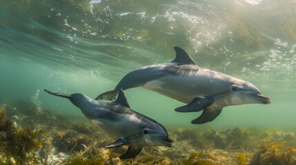 Fototapeta premium A mother dolphin swimming alongside her calf in shallow coastal waters, nurturing and teaching her young offspring survival skills.