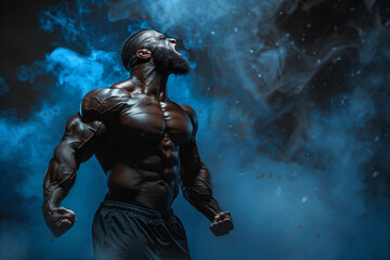 Muscular bodybuilder posing with blue smoke, screaming testosterone athlete