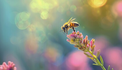 Naklejka premium Capturing the Beauty: Bee Collecting Pollen of Spanish Needle Flower