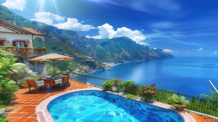 Luxury villa with an infinity pool overlooking the scenic Amalfi Coast, under a bright blue sky. Concept of travel, luxury, and vacation.

