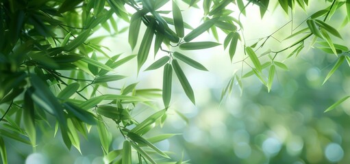 Green leaves of a bamboo plant with a soft blurred background