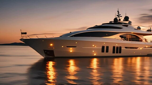 A luxury mega yacht with golden glass in the ocean at a sunset, generative ai