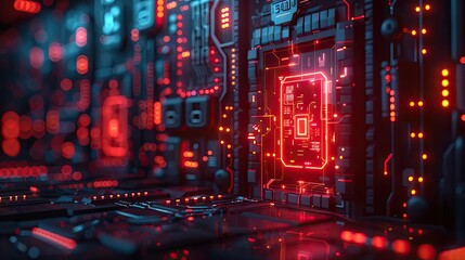 Closeup of a futuristic circuit board with glowing red lights