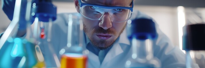 Scientific research concept with pipettes, glassware, and brightly colored solutions in a laboratory