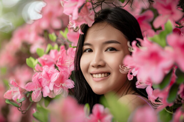 Naklejka premium Smiling woman framed by vibrant pink azaleas radiates positivity and connection to nature.