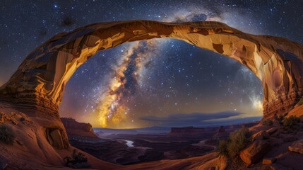 Photographed Corona Arch under the Milky Way Galaxy in Moab Utah