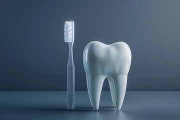 A luminous tooth icon beside a toothbrush on a moody grey backdrop.