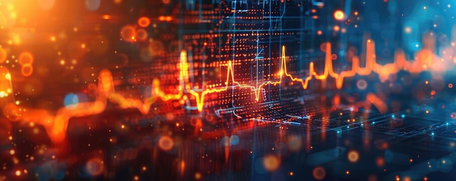 Closeup of an ECG monitor showing abnormal heart rhythms, indicative of heart disease, bright and clear