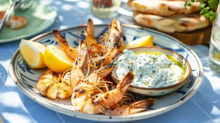 A plate of Greek-style grilled shrimp served with tzatziki sauce, lemon wedges, and pita bread, on a blue and white tablecloth at a seaside taverna.