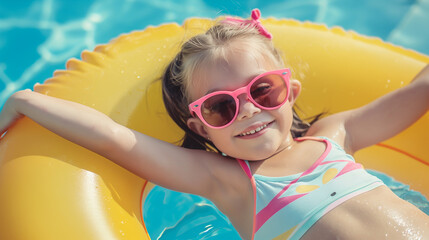 Close up portrait of a happy little girl wearing pink sunglasses relaxing on an inflatable ring in a swimming pool and enjoying a sunny day during summer vacation