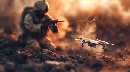  Soldier operating a drone amidst a fiery battlefield with intense flames in the background.