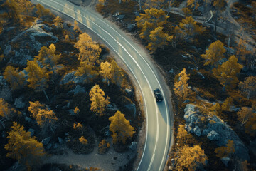 A car winds down an autumnal forest road, leaves blazing with fall colors.