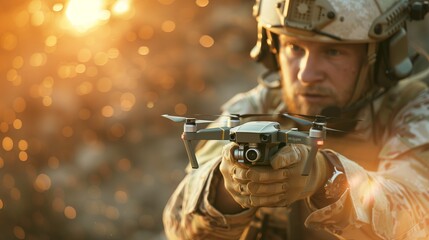  Soldier operating a drone amidst a fiery battlefield with intense flames in the background.