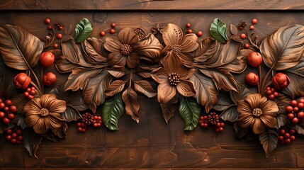 Ornate wooden carving with intricate floral patterns surrounding a central plain wood panel.