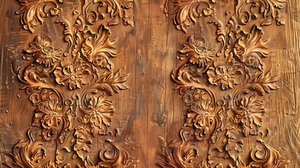 Ornate wooden carving with intricate floral patterns surrounding a central plain wood panel.