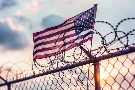 American flag behind barbed wire, american border security concept 