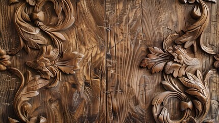 Ornate wooden carving with intricate floral patterns surrounding a central plain wood panel.