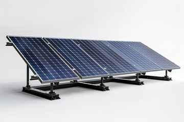 Solar panel array with six blue photovoltaic panels on a metal frame against a plain background