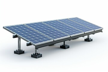 Solar panel array with six blue photovoltaic panels on a metal frame against a plain background