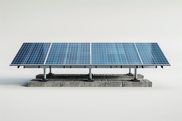 Solar panel array with six blue photovoltaic panels on a metal frame against a plain background