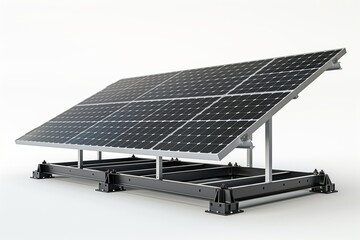 Solar panel array with six blue photovoltaic panels on a metal frame against a plain background