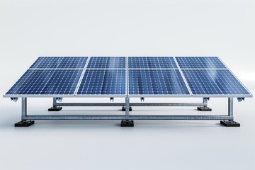 Solar panel array with six blue photovoltaic panels on a metal frame against a plain background