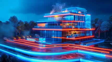 Night office building with neon light trails - smart city vibes