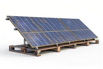 Solar panel array with six blue photovoltaic panels on a metal frame against a plain background